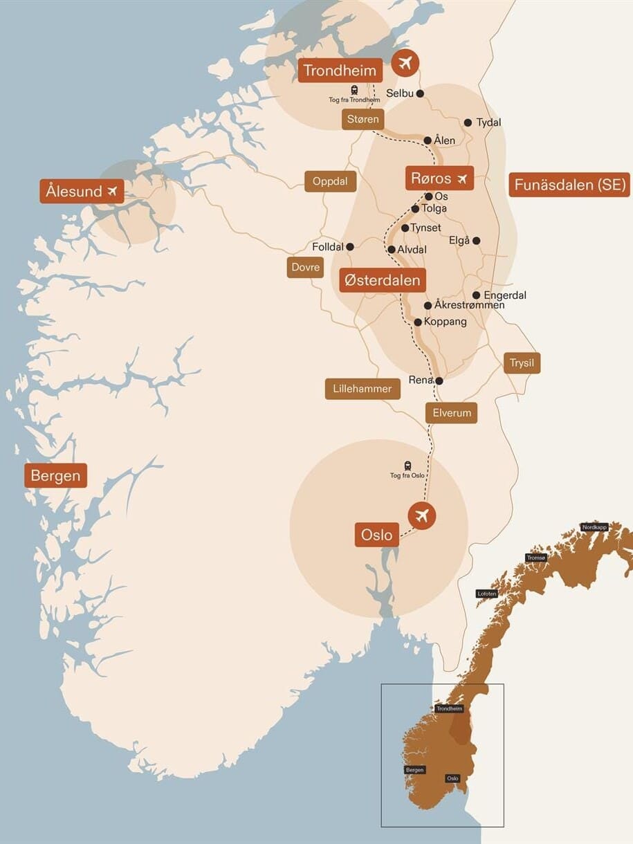 Det er ikke vanskelig å komme seg til Røros. Illustrasjon: Røros & Østerdalen