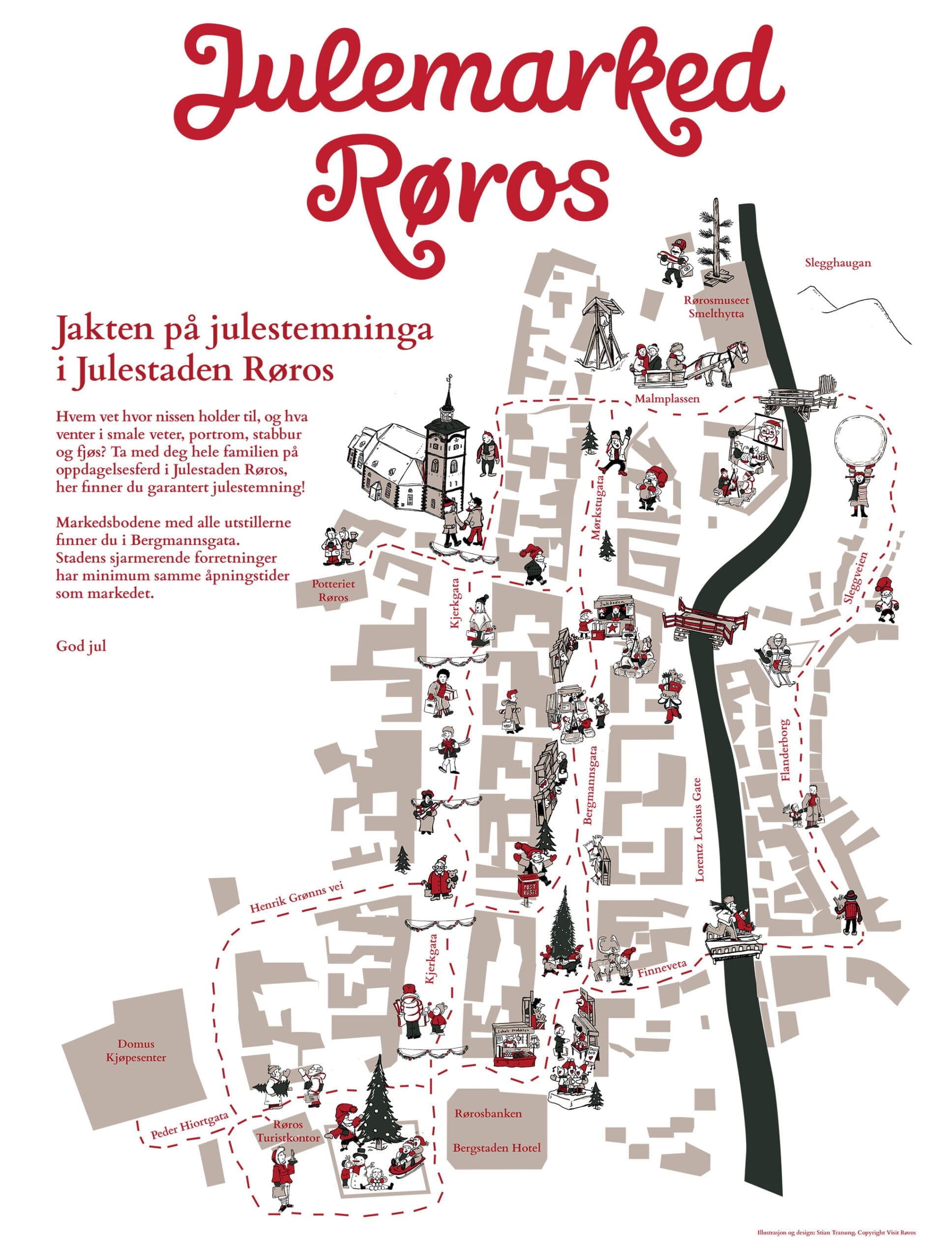 Jakten på julestemninga i Julestaden Røros. lllustrasjon og design: Stian Tranung. © Visit Røros